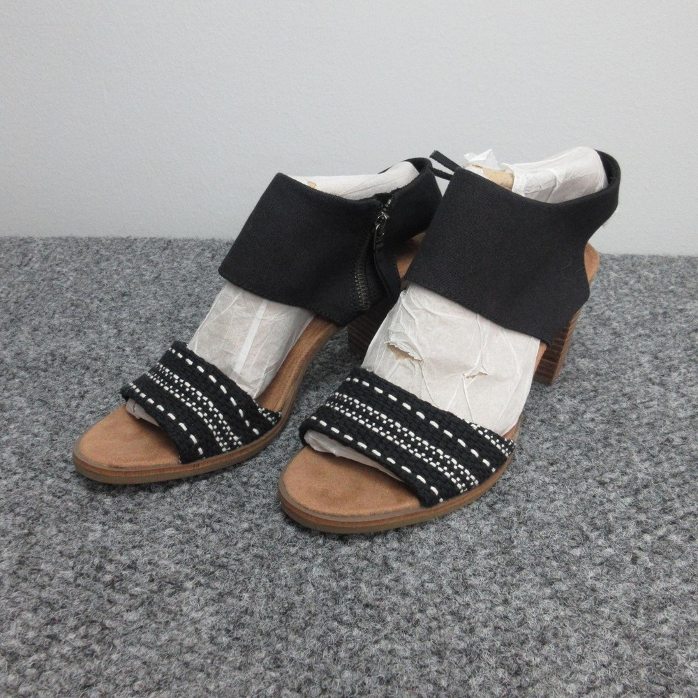 TOMS Majorca Cutout Sandals Womens Size 10 Black Strappy Woven Block Heel Zip